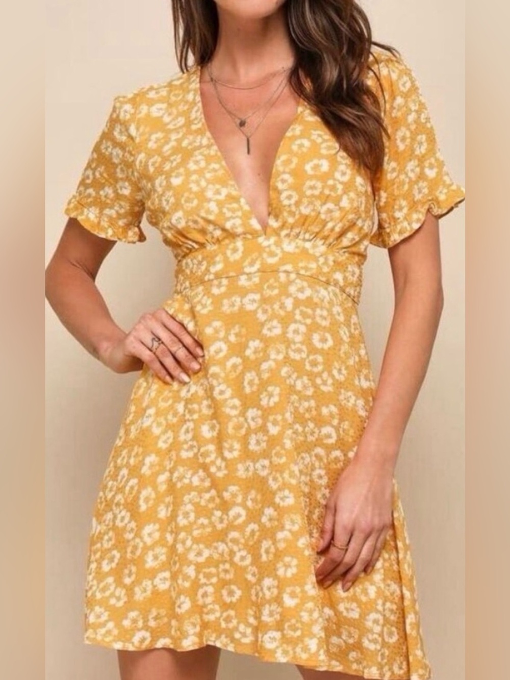 Lulu’s Yellow Floral V-Neck Tie-Waist Mini Dress